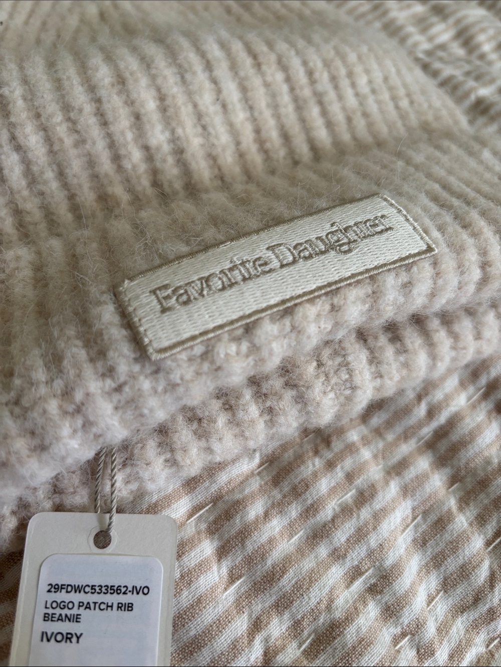 NWT Favorite Daughter The Logo Patch Ribbed Knit Cuff Beanie - Beige Ivory cream - Picture 4 of 6